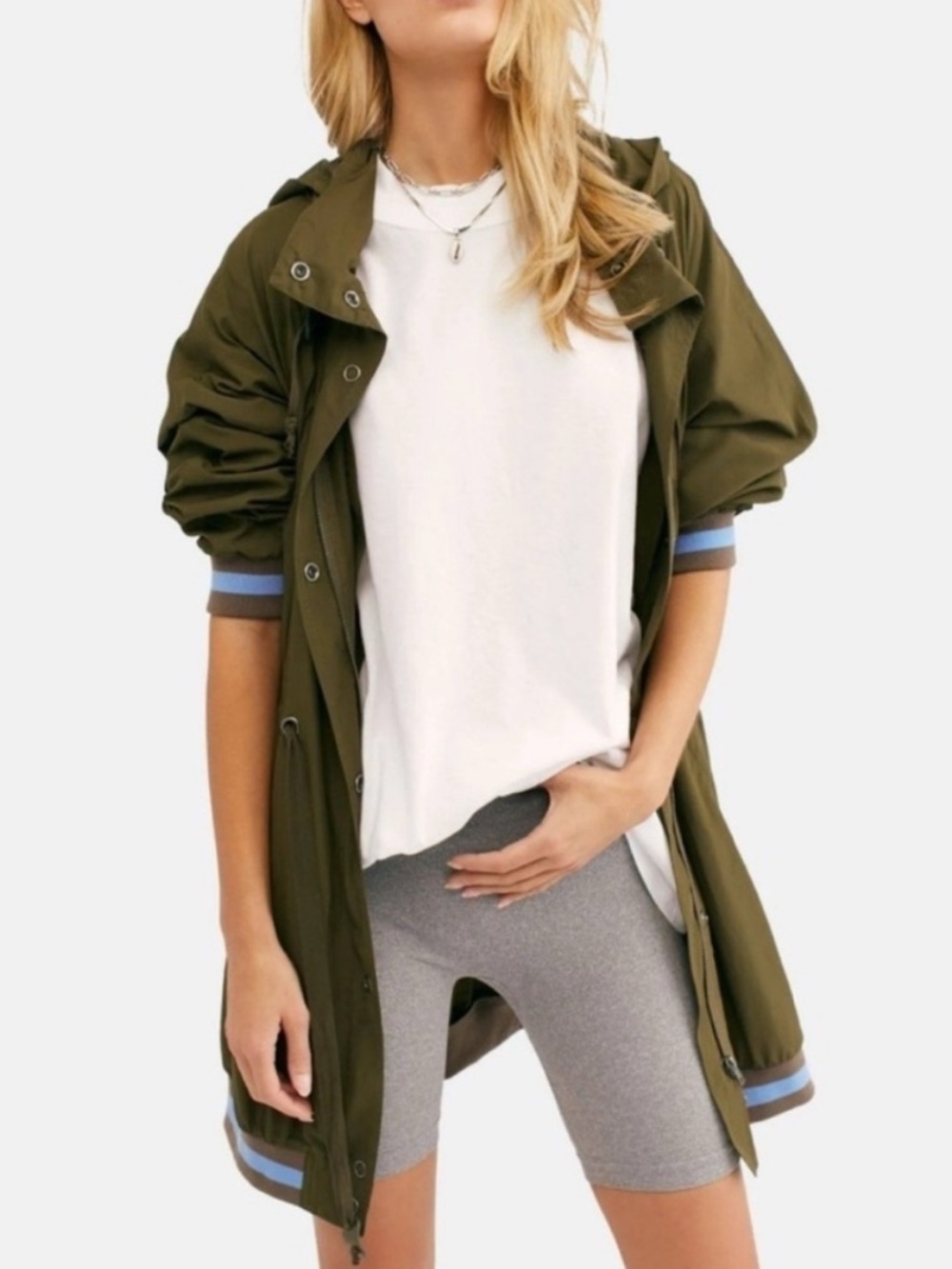 Free People Windswept Hooded Utility Jacket with Blue Stripe Trim